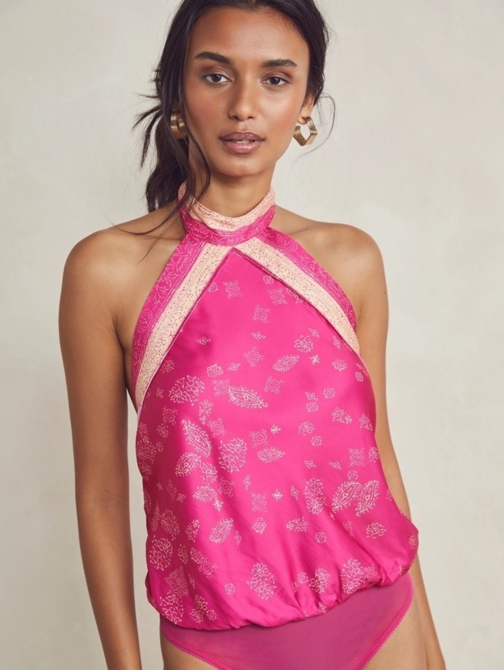 Free People Intimately 1 Thing Pink Paisley Halter Open Back Bodysuit